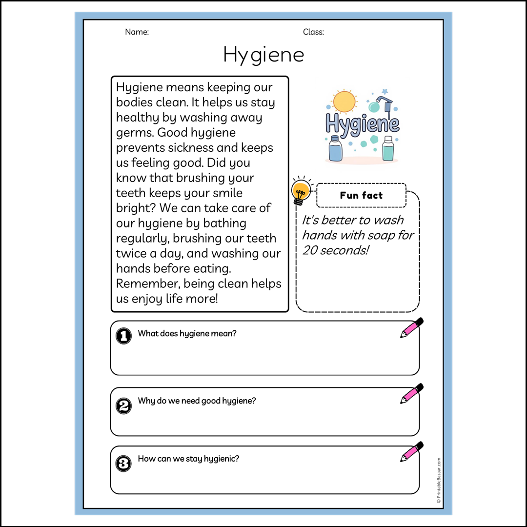 Hygiene | Reading Passage Comprehension Questions Writing Facts Worksheet