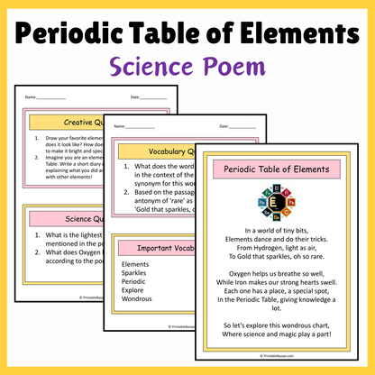 Periodic Table of Elements | Science Poem Reading Comprehension Activity