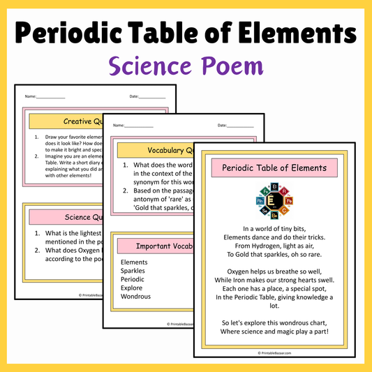 Periodic Table of Elements | Science Poem Reading Comprehension Activity