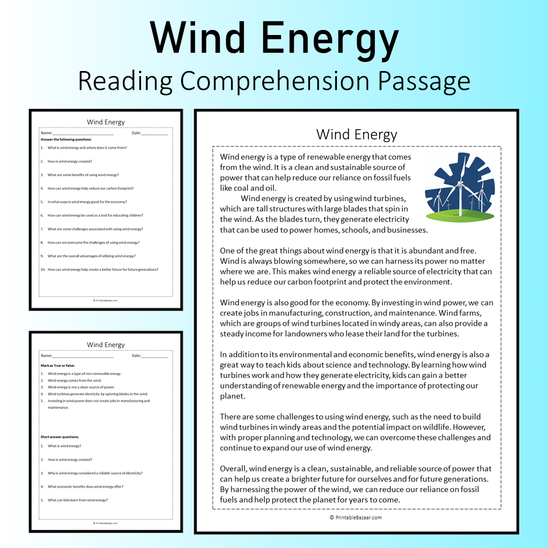 Wind Energy | Reading Comprehension Passage Printable Worksheet