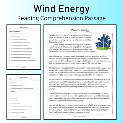 Wind Energy | Reading Comprehension Passage Printable Worksheet