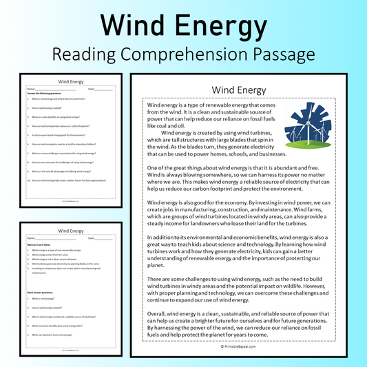 Wind Energy | Reading Comprehension Passage Printable Worksheet