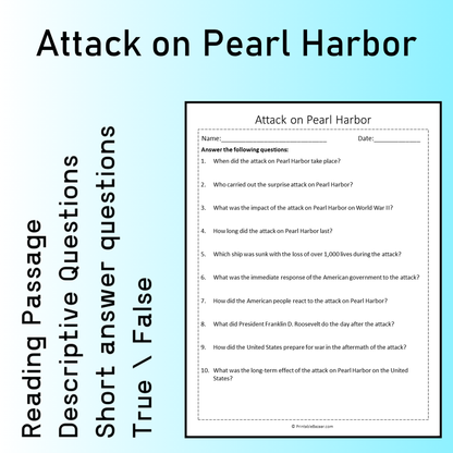Attack on Pearl Harbor | Reading Comprehension Passage Printable Worksheet