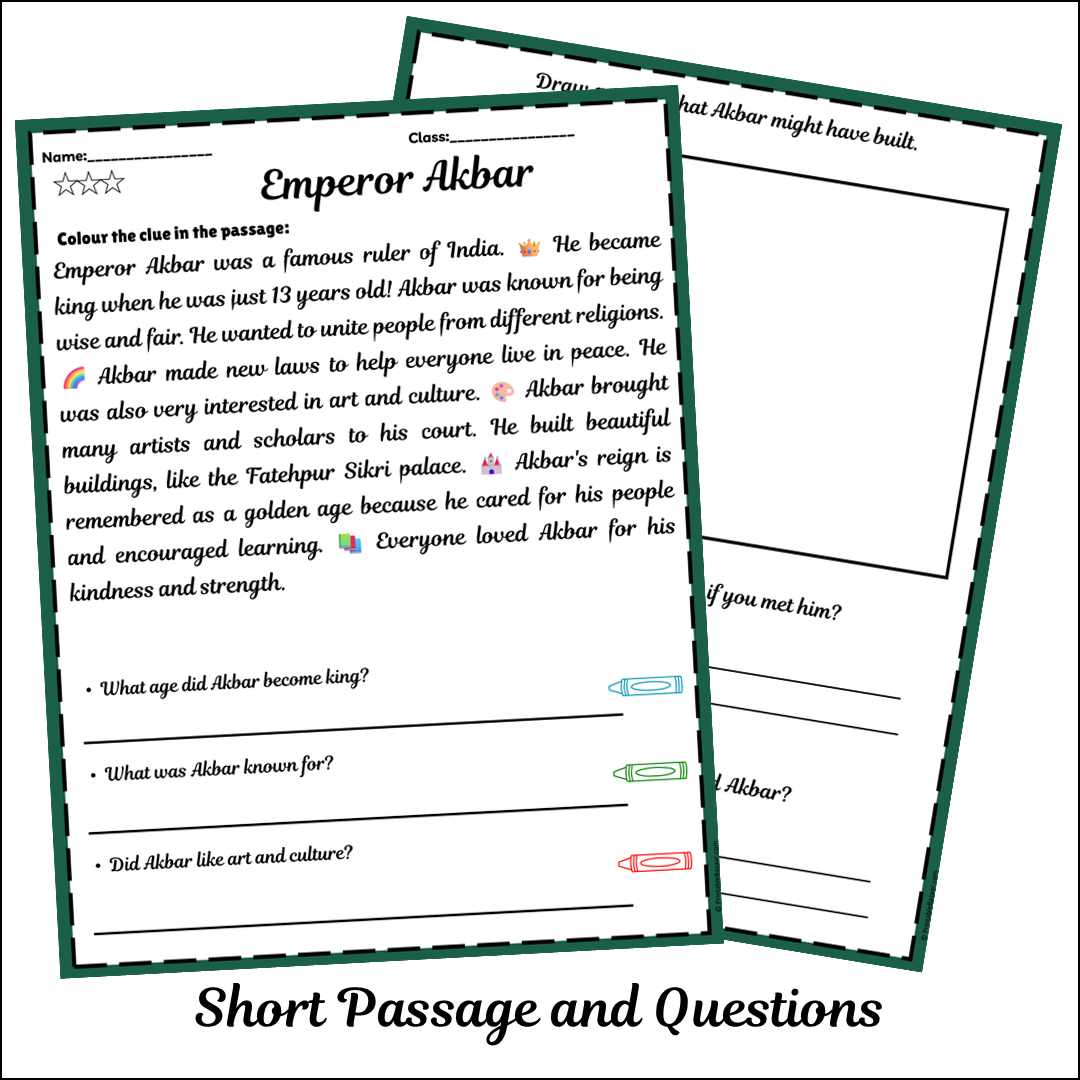 Emperor Akbar | Short Reading Comprehension Creative Worksheet