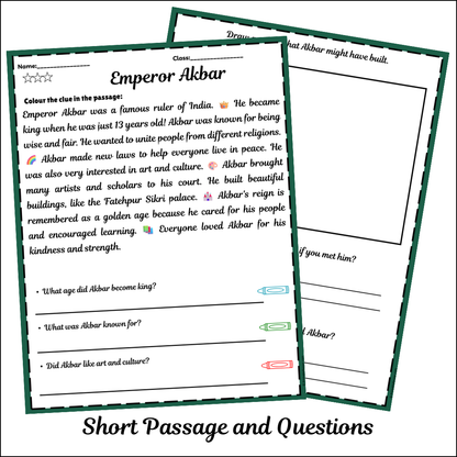Emperor Akbar | Short Reading Comprehension Creative Worksheet