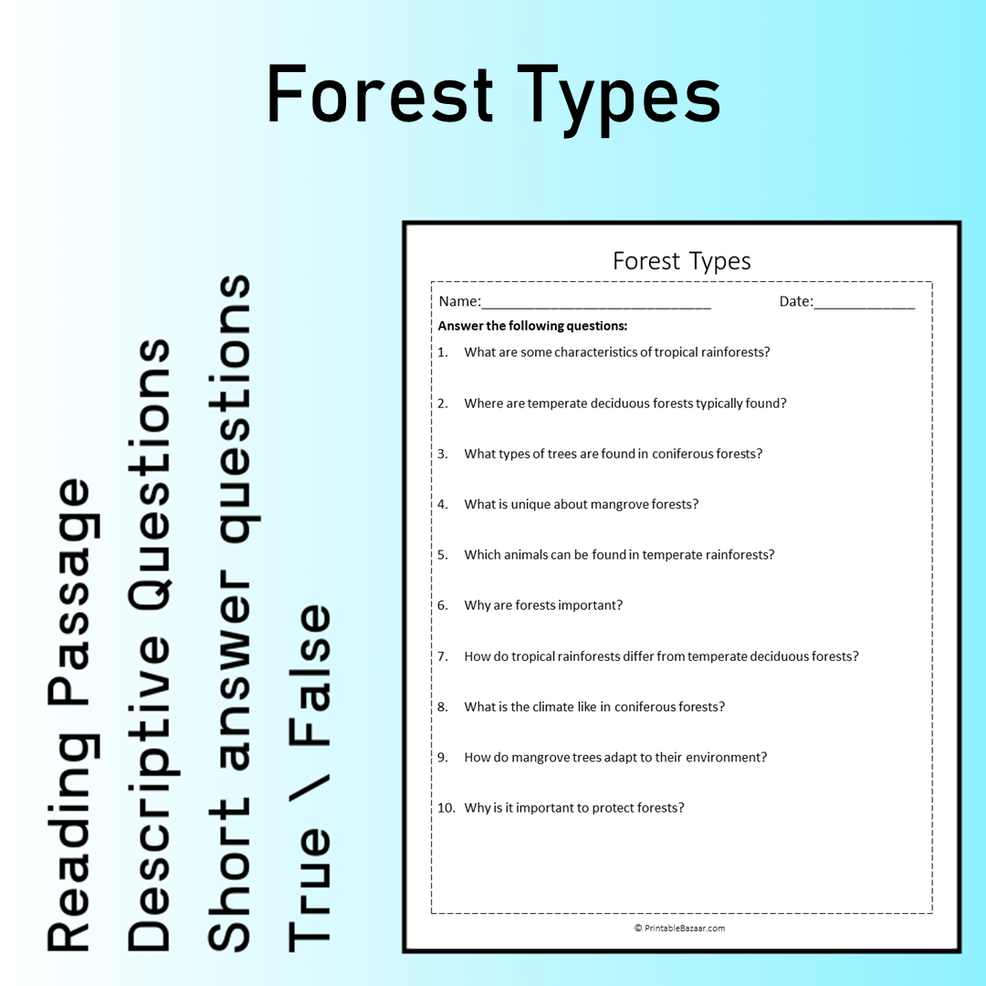 Forest Types | Reading Comprehension Passage Printable Worksheet