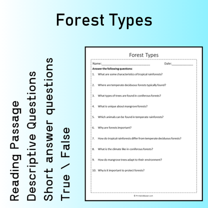 Forest Types | Reading Comprehension Passage Printable Worksheet