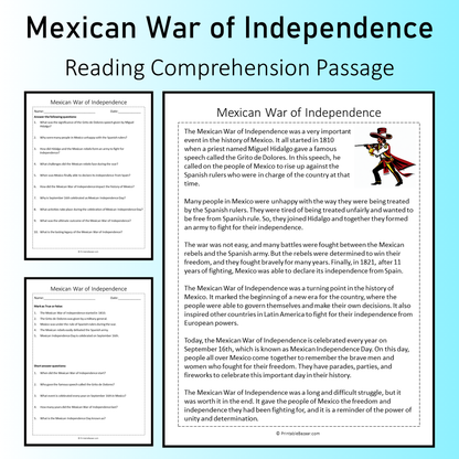 Mexican War of Independence | Reading Comprehension Passage Printable Worksheet