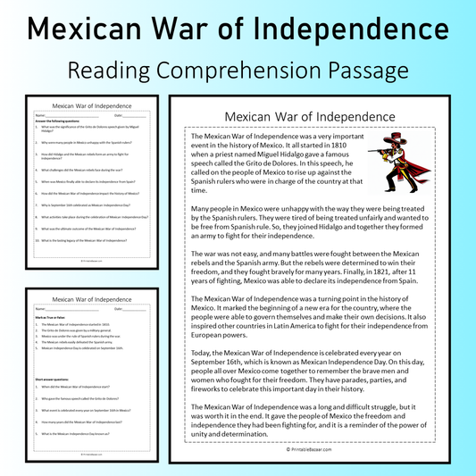 Mexican War of Independence | Reading Comprehension Passage Printable Worksheet
