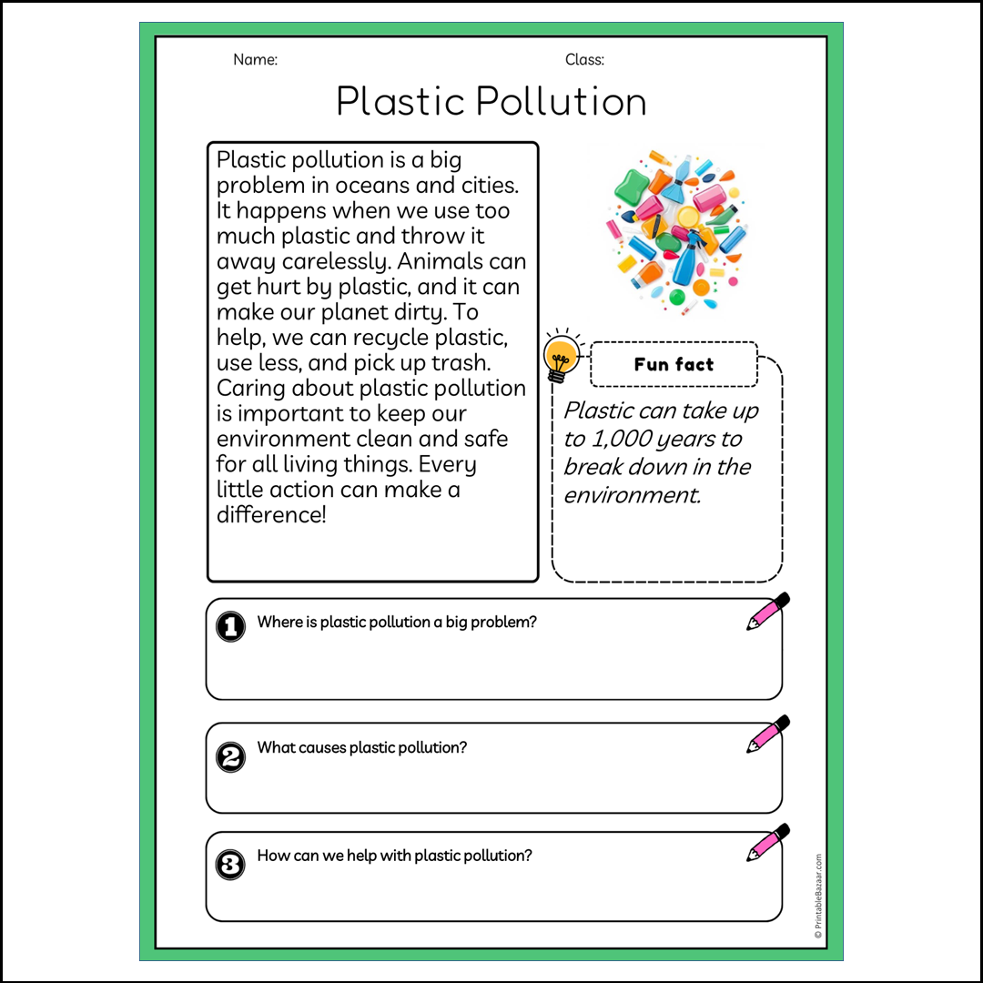 Plastic Pollution | Reading Passage Comprehension Questions Writing Facts Worksheet