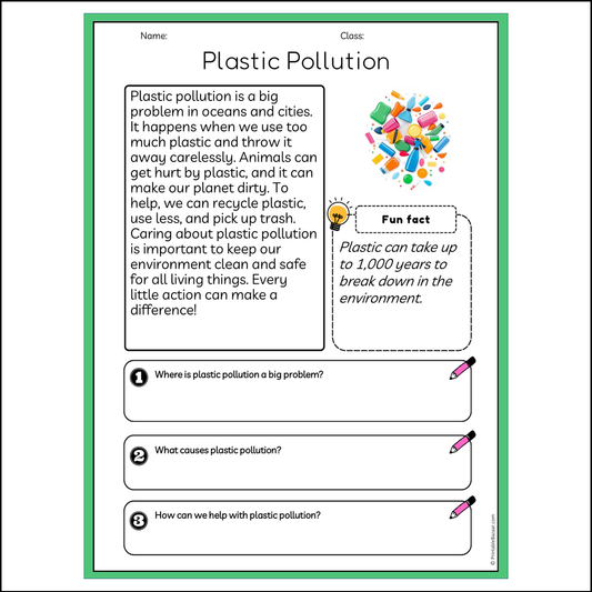 Plastic Pollution | Reading Passage Comprehension Questions Writing Facts Worksheet