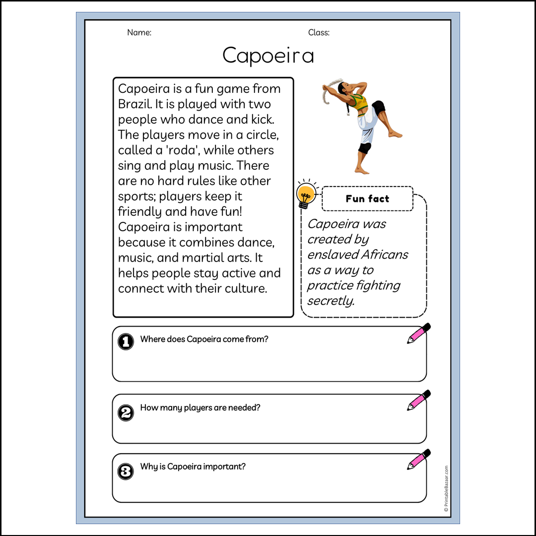 Capoeira | Reading Passage Comprehension Questions Writing Facts Worksheet