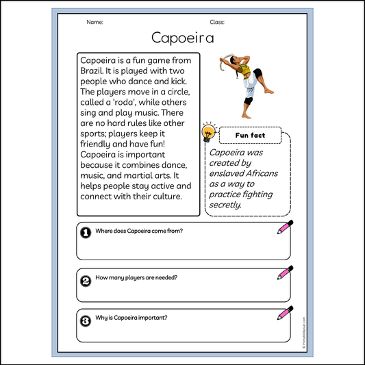 Capoeira | Reading Passage Comprehension Questions Writing Facts Worksheet