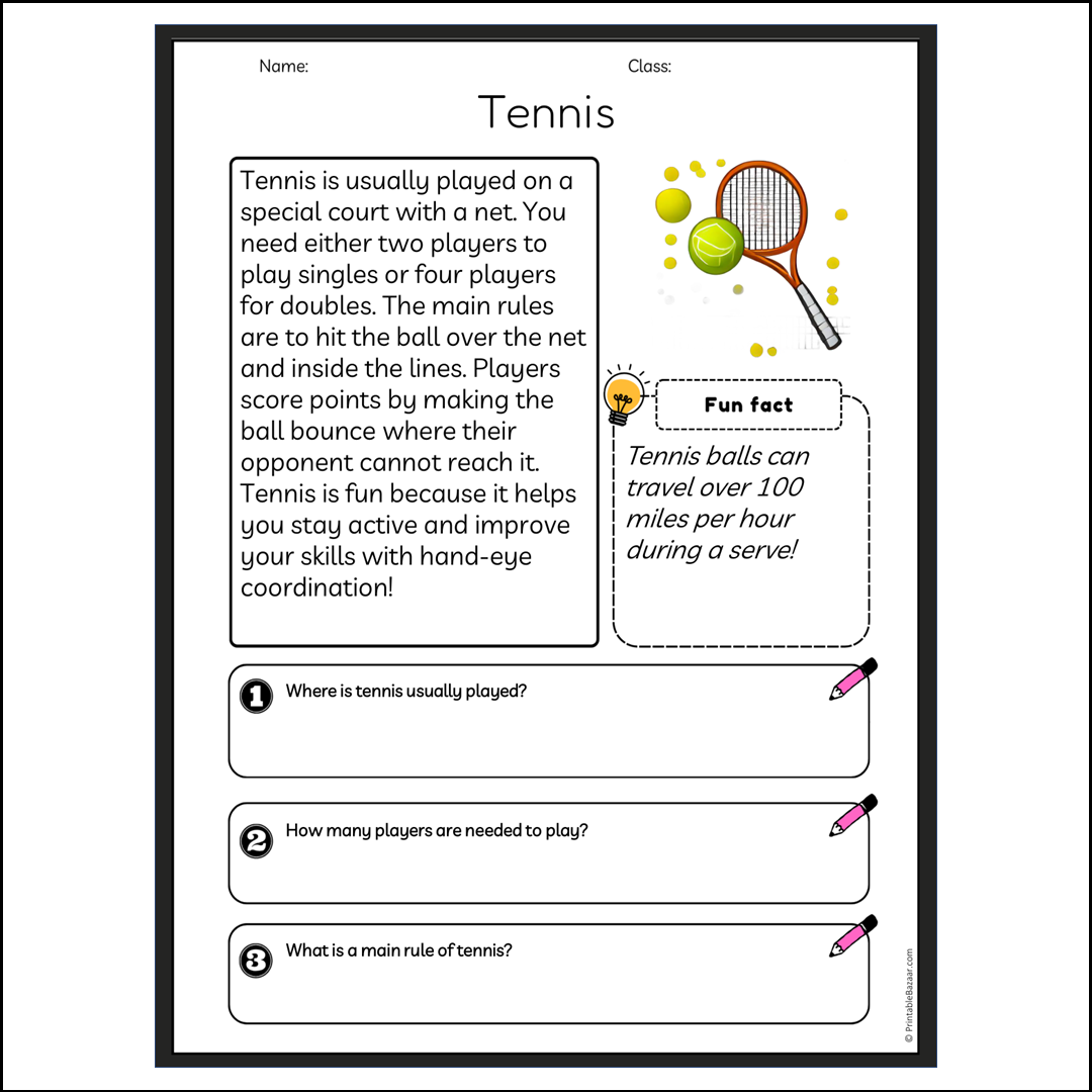 Tennis | Reading Passage Comprehension Questions Writing Facts Worksheet