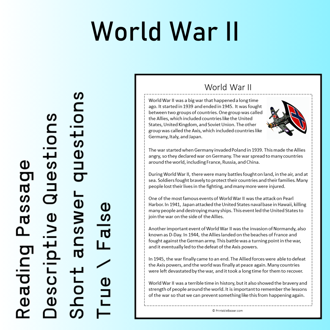 World War II | Reading Comprehension Passage Printable Worksheet