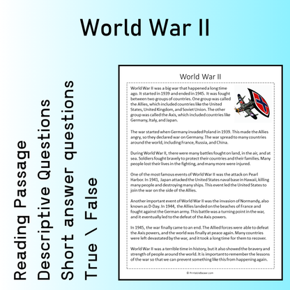 World War II | Reading Comprehension Passage Printable Worksheet