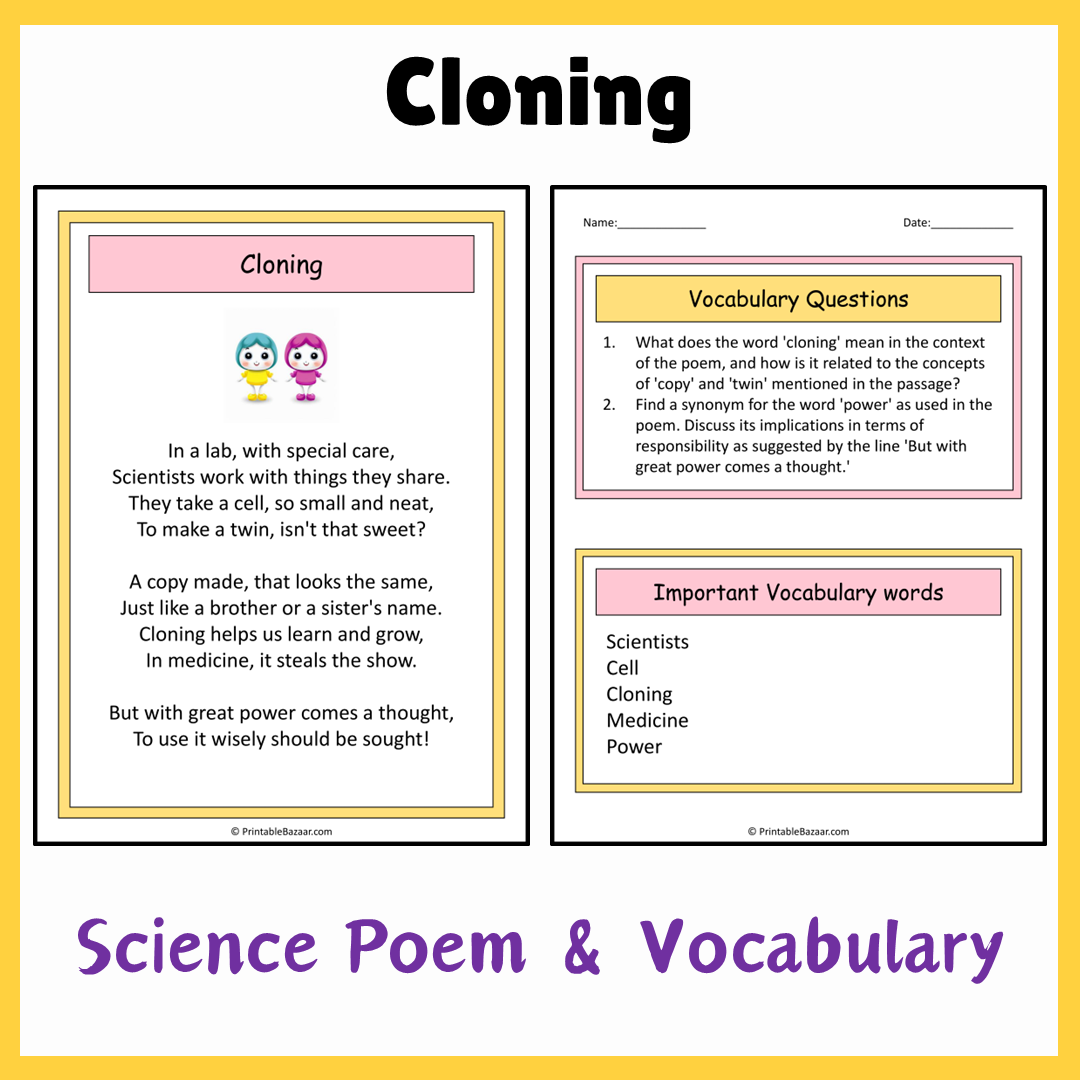 Cloning | Science Poem Reading Comprehension Activity