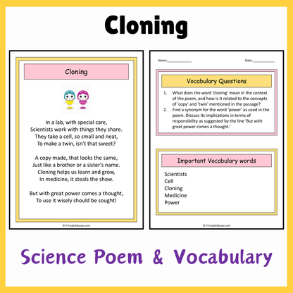 Cloning | Science Poem Reading Comprehension Activity