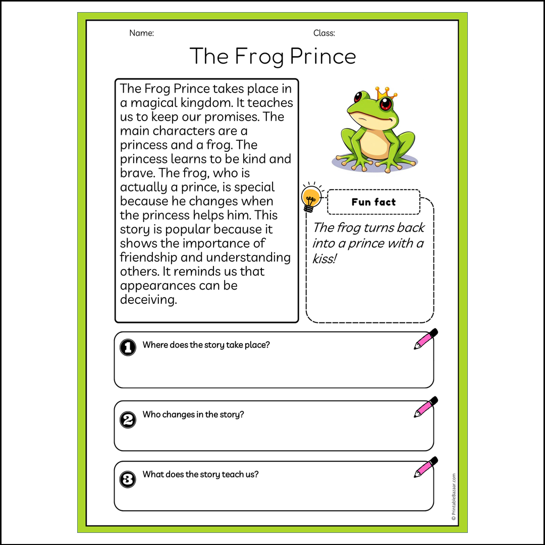 The Frog Prince | Reading Passage Comprehension Questions Writing Facts Worksheet