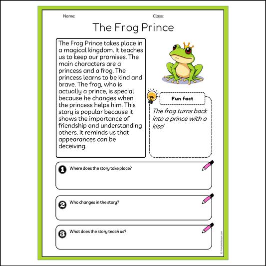 The Frog Prince | Reading Passage Comprehension Questions Writing Facts Worksheet