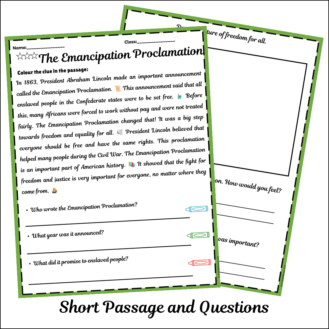 The Emancipation Proclamation | Short Reading Comprehension Creative Worksheet