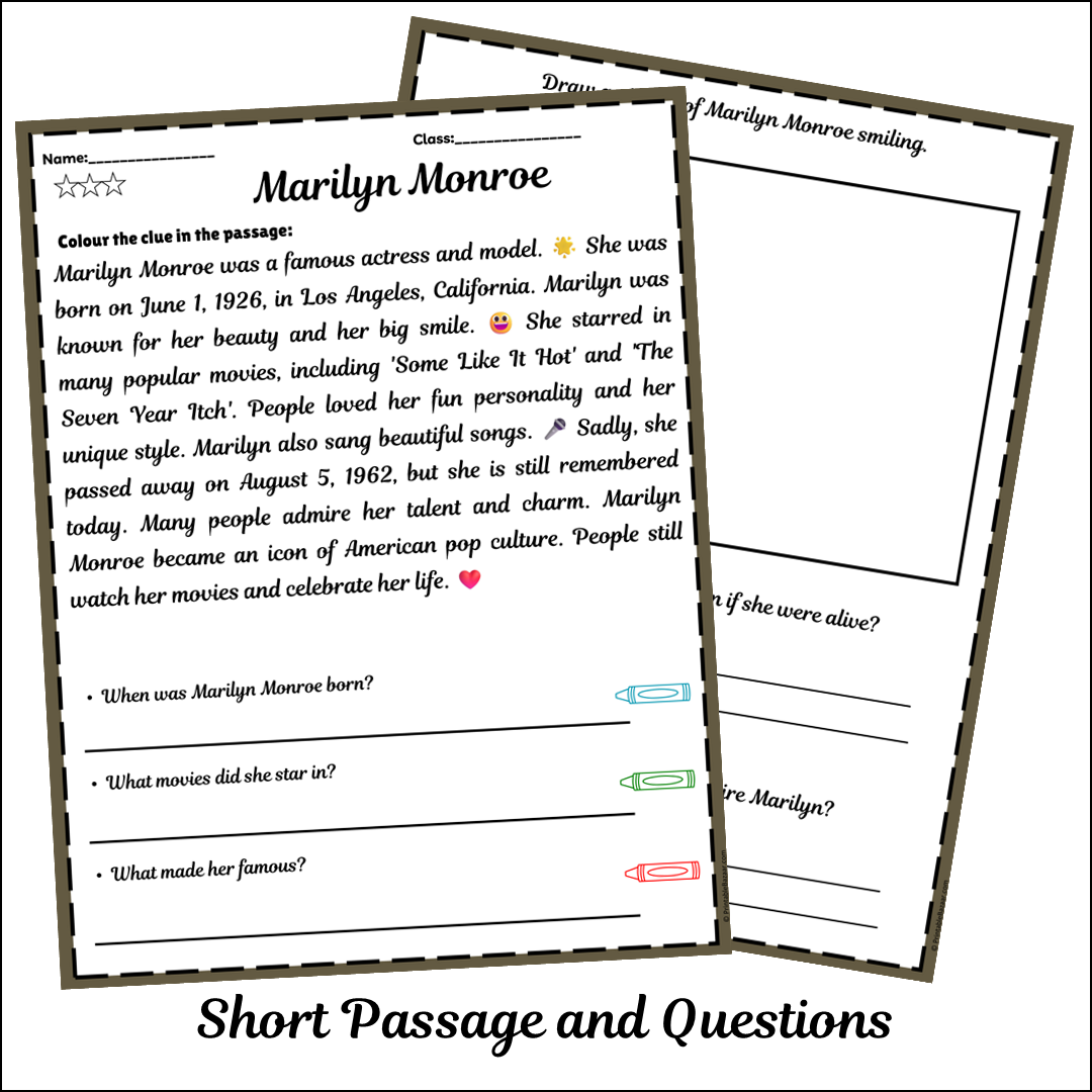 Marilyn Monroe | Short Reading Comprehension Creative Worksheet