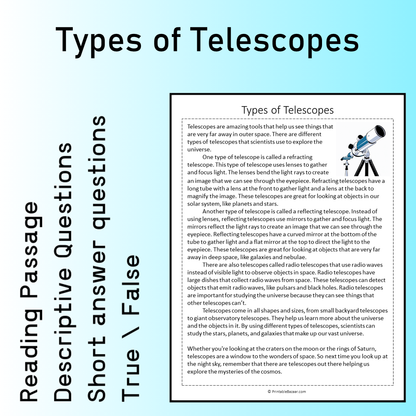 Types of Telescopes | Reading Comprehension Passage Printable Worksheet