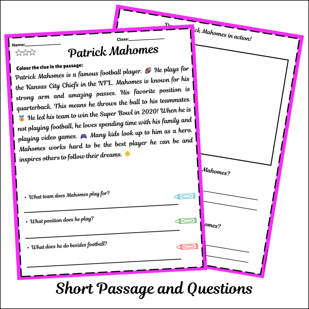 Patrick Mahomes | Short Reading Comprehension Creative Worksheet