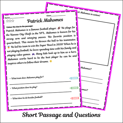 Patrick Mahomes | Short Reading Comprehension Creative Worksheet