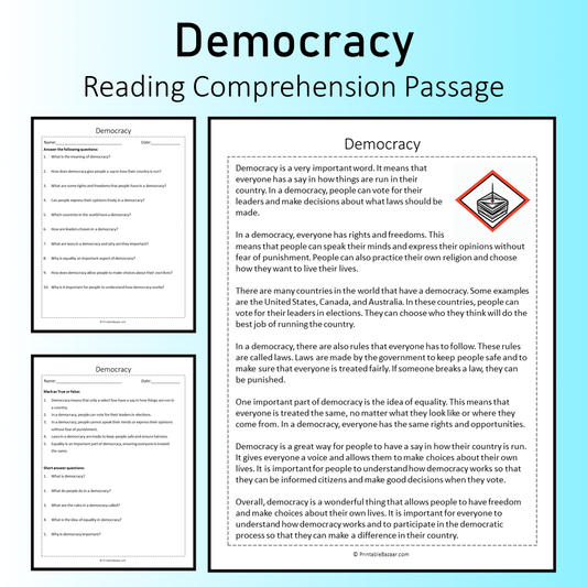Democracy | Reading Comprehension Passage Printable Worksheet