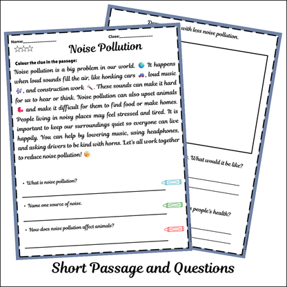 Noise Pollution | Short Reading Comprehension Creative Worksheet