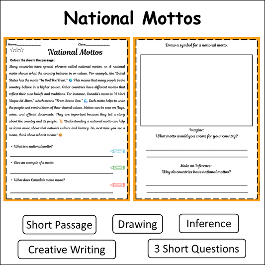 National Mottos | Short Reading Comprehension Creative Worksheet