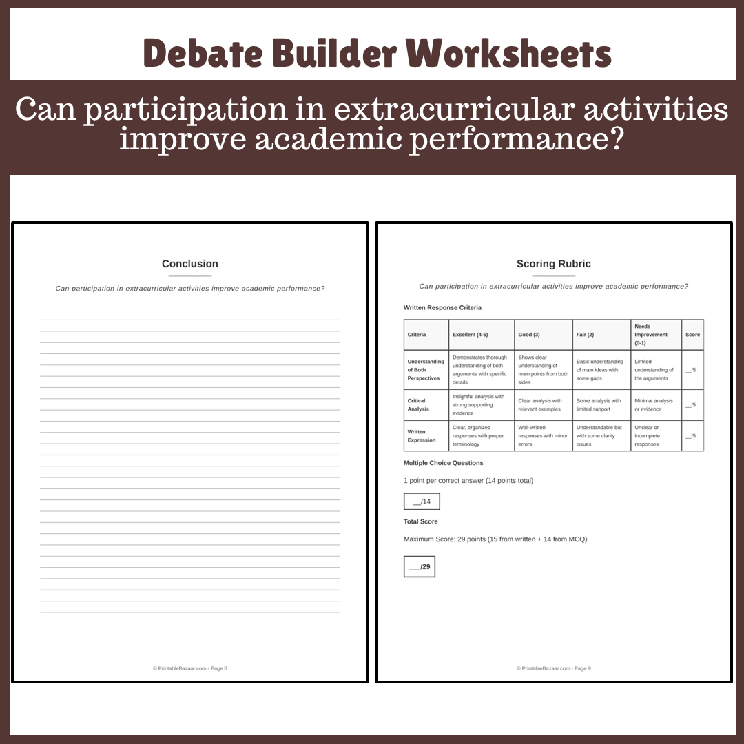 Can participation in extracurricular activities improve academic performance? | Favour and Against Worksheet Printable Activity