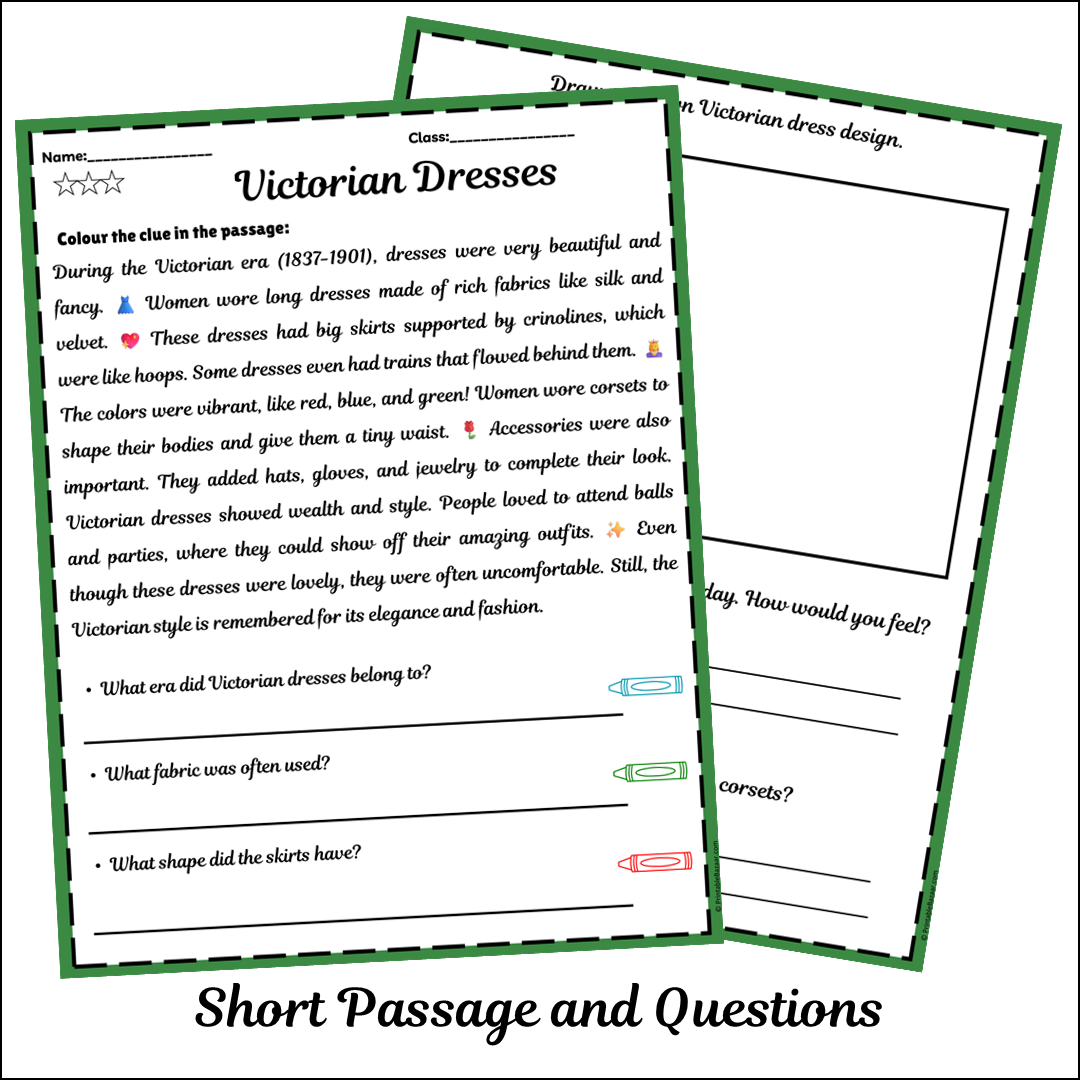 Victorian Dresses | Short Reading Comprehension Creative Worksheet