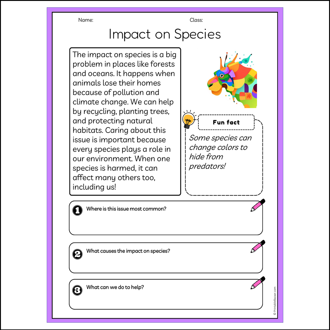 Impact on Species | Reading Passage Comprehension Questions Writing Facts Worksheet