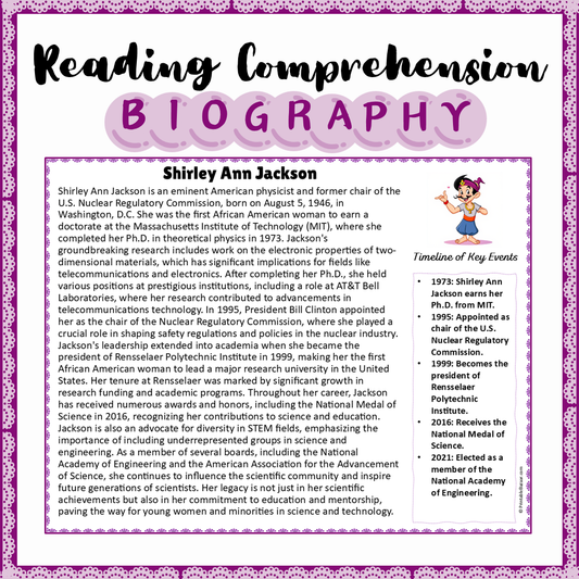 Shirley Ann Jackson | Biography Reading Comprehension and Questions Worksheet