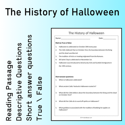 The History of Halloween | Reading Comprehension Passage Printable Worksheet