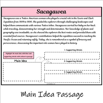 Sacagawea | Main Idea and Supporting Details Reading Passage and Questions