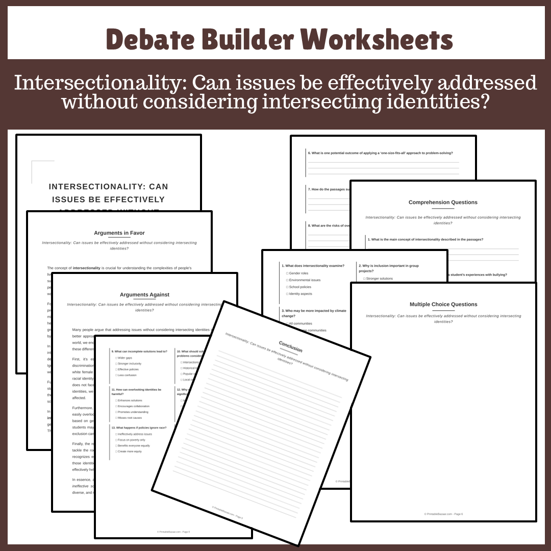 Intersectionality: Can issues be effectively addressed without considering intersecting identities? | Favour and Against Worksheet Printable Activity