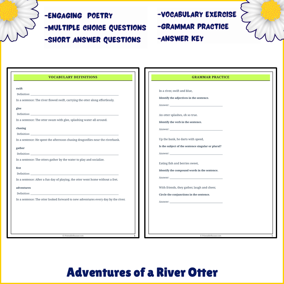 Adventures of a River Otter | Poem Grammar Worksheet Printable Activity