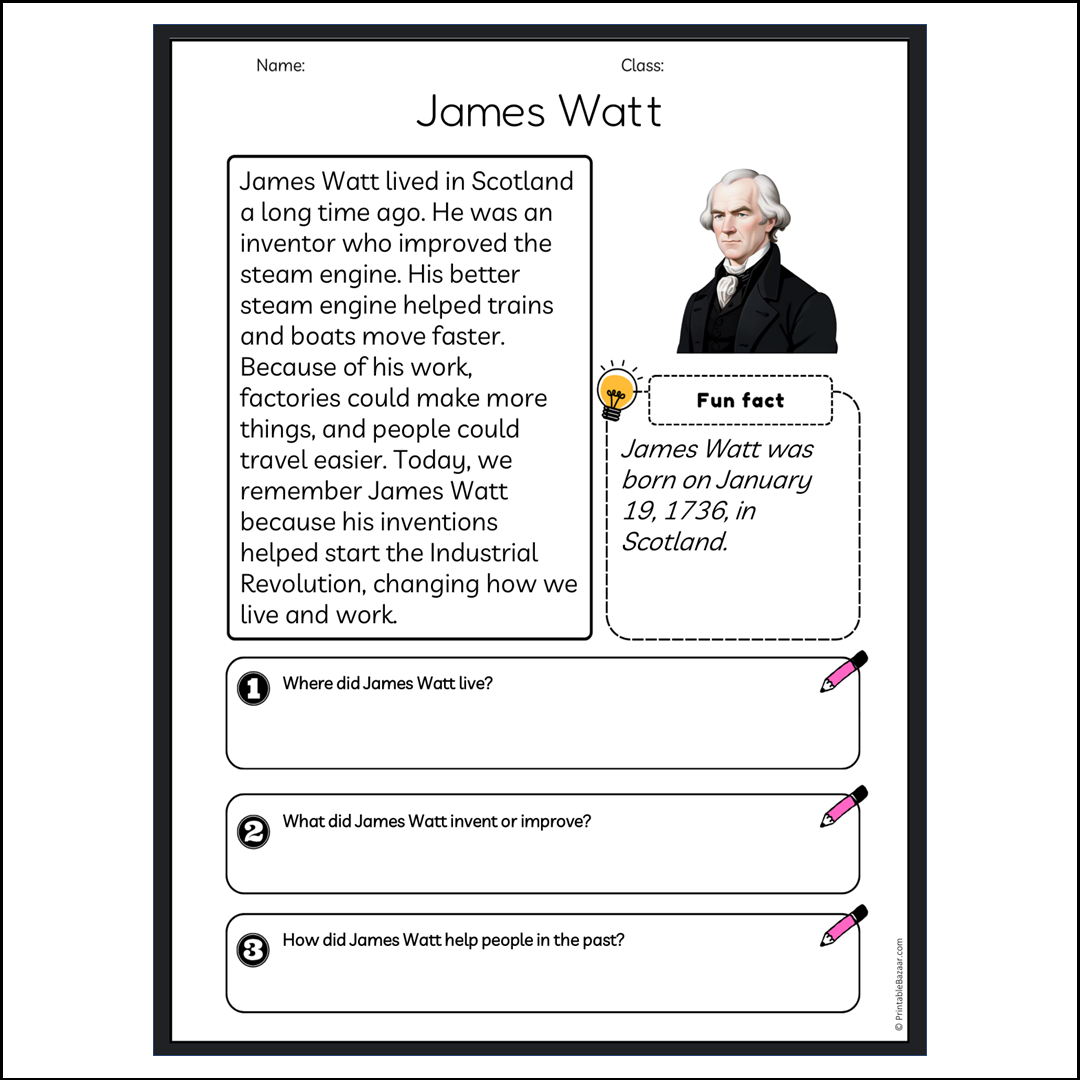 James Watt | Reading Passage Comprehension Questions Writing Facts Worksheet