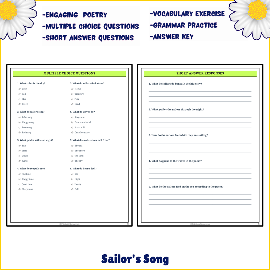 Sailor's Song | Poem Grammar Worksheet Printable Activity