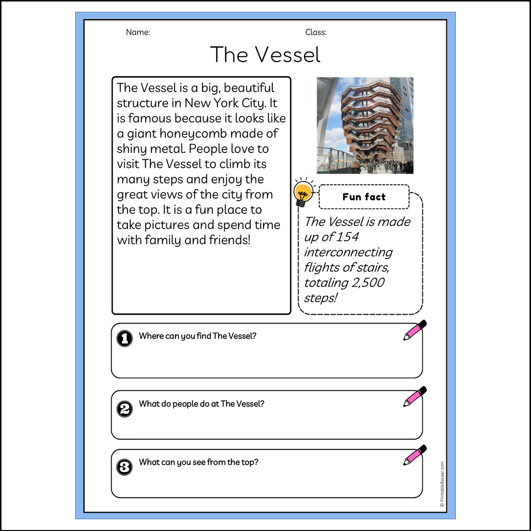 The Vessel | Reading Passage Comprehension Questions Writing Facts Worksheet