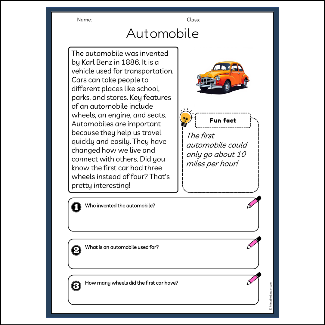 Automobile | Reading Passage Comprehension Questions Writing Facts Worksheet