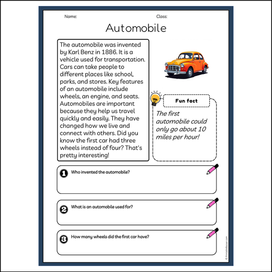 Automobile | Reading Passage Comprehension Questions Writing Facts Worksheet