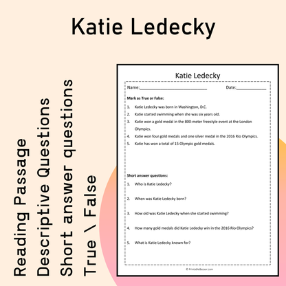 Katie Ledecky | Reading Comprehension Passage Printable Activity