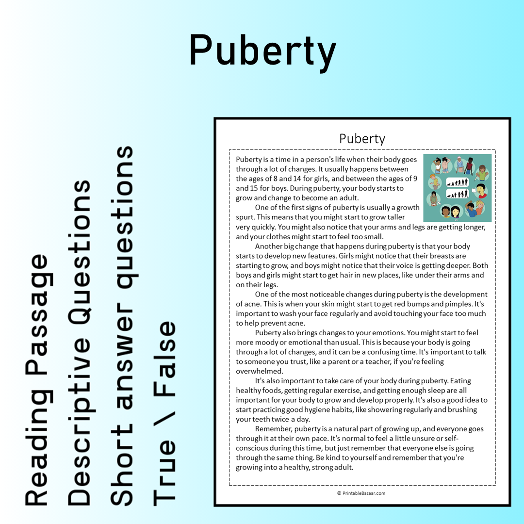 Puberty | Reading Comprehension Passage Printable Worksheet