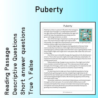 Puberty | Reading Comprehension Passage Printable Worksheet