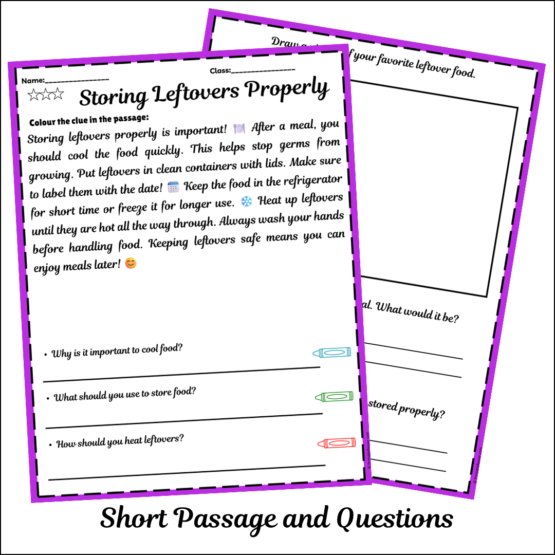 Storing Leftovers Properly | Short Reading Comprehension Creative Worksheet