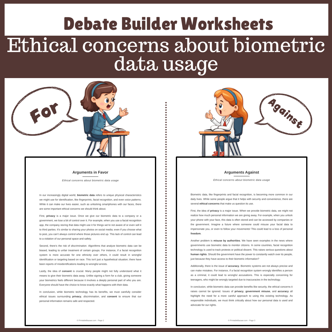 Ethical concerns about biometric data usage | Favour and Against Worksheet Printable Activity